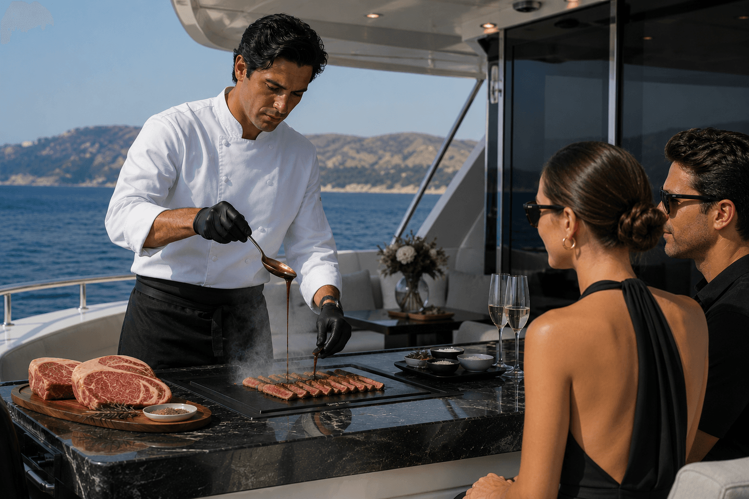 Private chef cooking for guests aboard a yacht