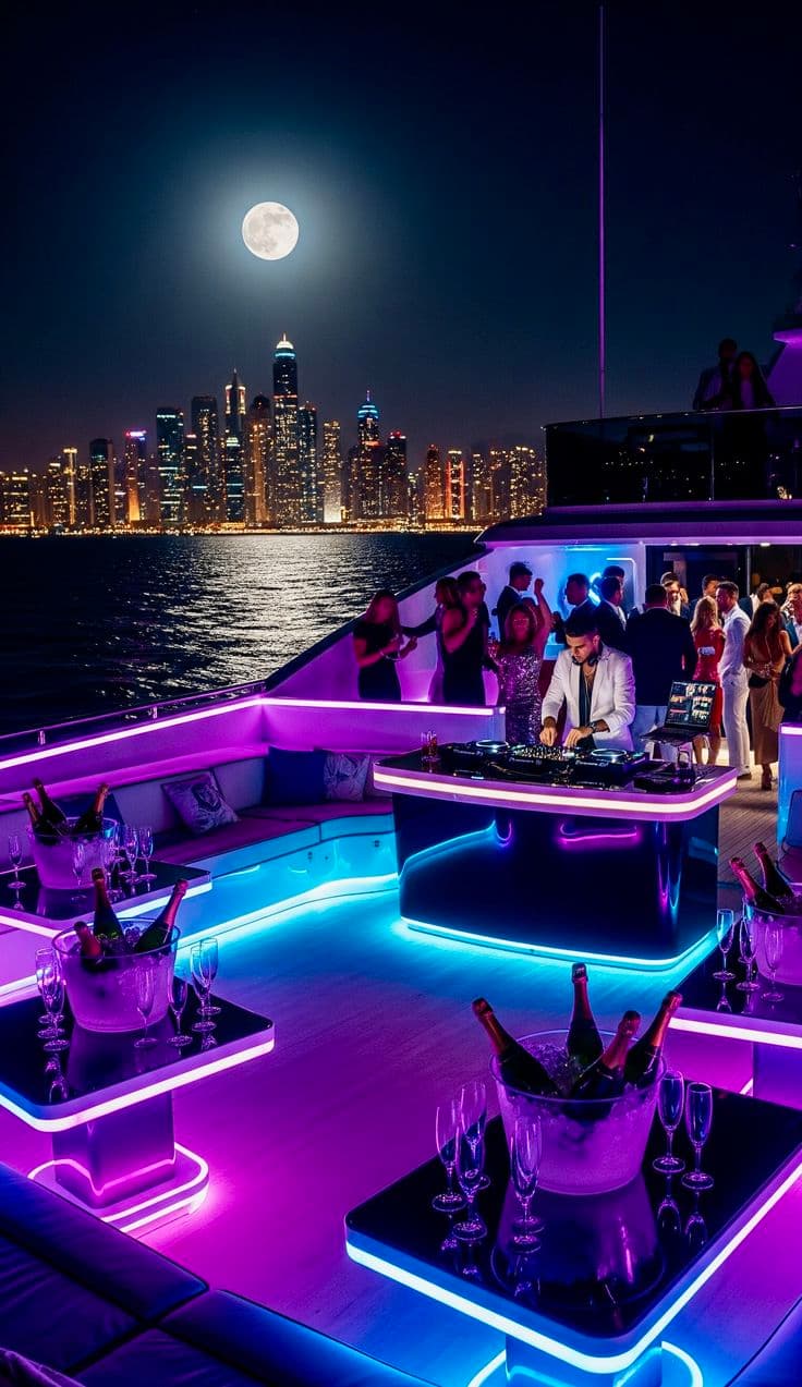 Elegant evening hospitality arranged for a private yacht event